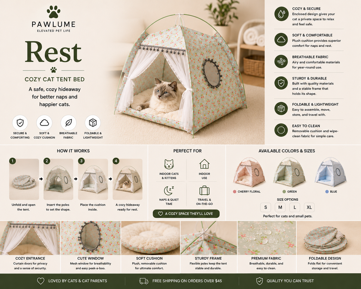 Pawlume™ Cozy Cat Tent Bed | Enclosed Pet House with Soft Cushion