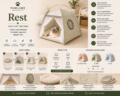 Pawlume™ Cozy Cat Tent Bed | Enclosed Pet House with Soft Cushion